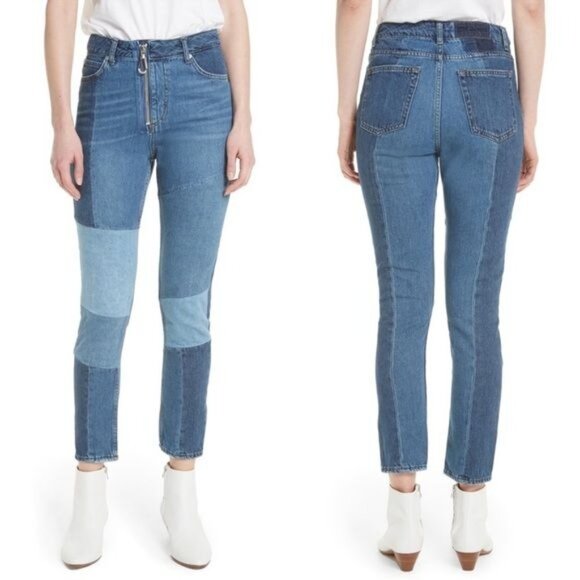 Sandro Hani Patchwork Jeans 36 Blue Vintage 4 Slim Leg High Rise Zip Fly Cropped - Picture 12 of 12